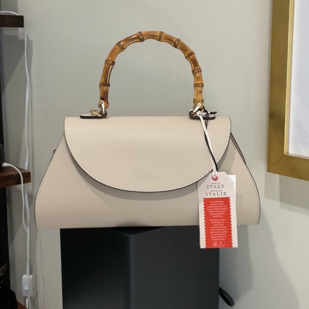 Chic Beige Italian Handbag with Bamboo Handles